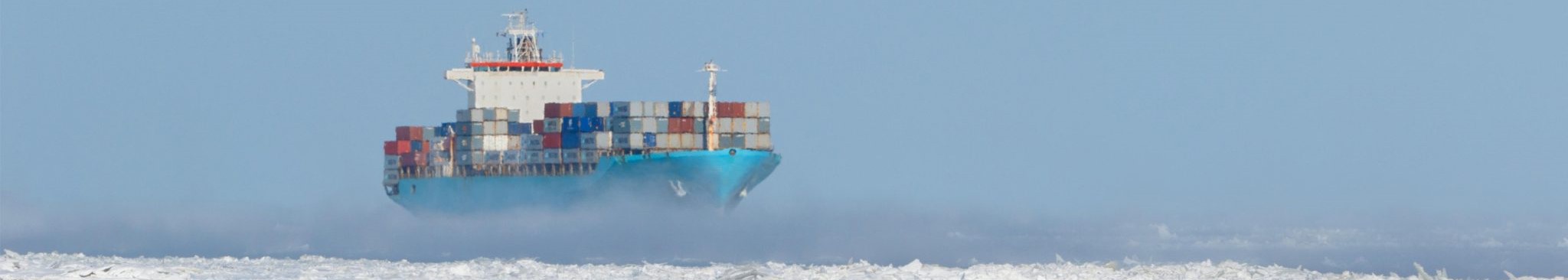 container ship sailing in arctic mist